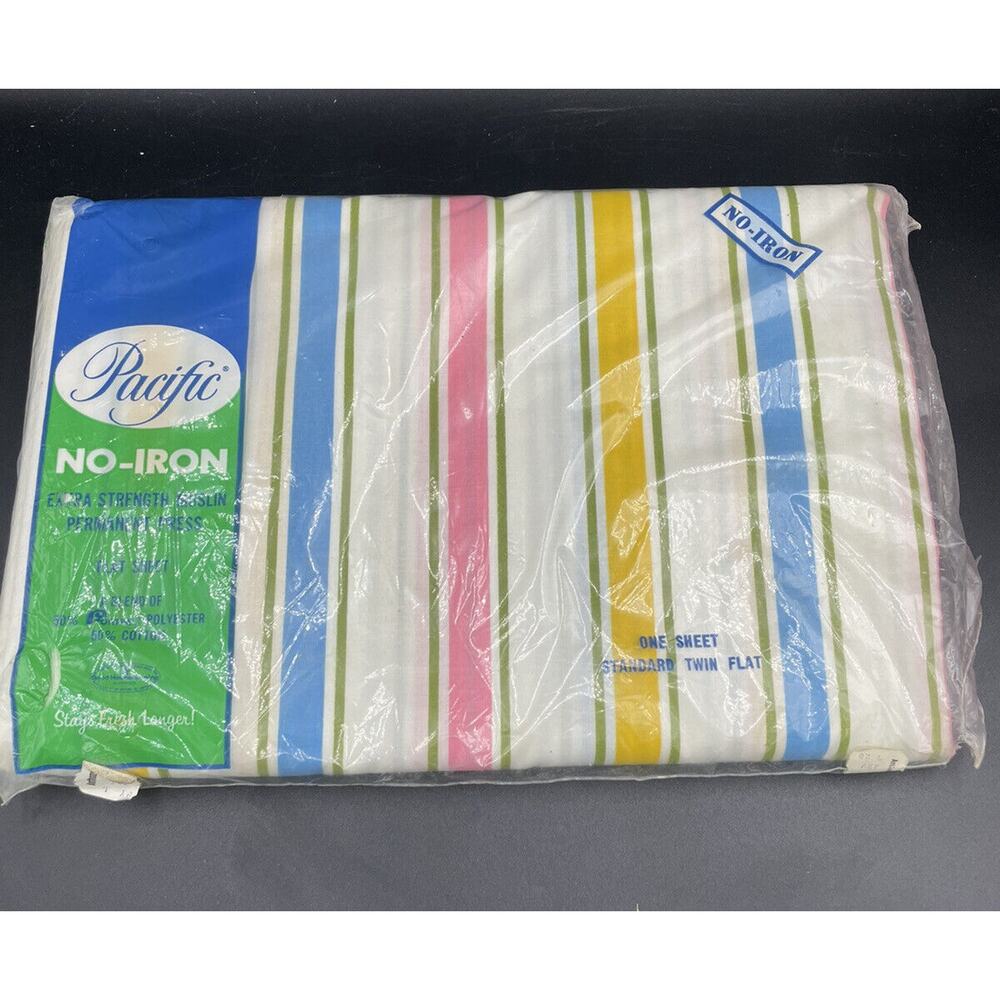 VTG Pacific Muslin Twin Flat Sheet Stripe Pink Yellow Blue